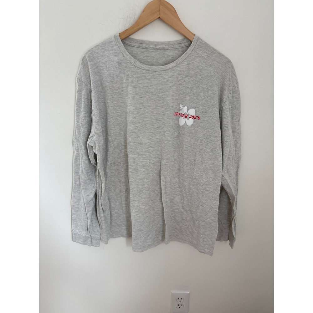 Trader Joe's Long Sleeve Graphic T-Shirt Heather Grey Hibiscus Flower Large